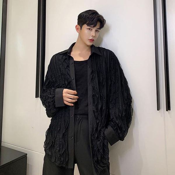 men long sleeve pleated design loose casual stripe thin shirt cardigan male women vintage hip hop party dress shirts, White;black
men long sleeve pleated design loose casual stripe thin shirt cardigan male women vintage hip hop party dress shirts, White;black