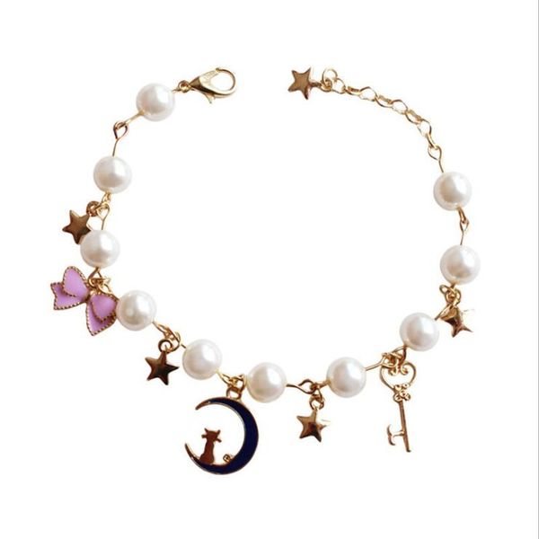 link, chain fashion moon cat star bow gold bracelet elegant girl imitation pearl birthday jewelry gift, Black
link, chain fashion moon cat star bow gold bracelet elegant girl imitation pearl birthday jewelry gift, Black