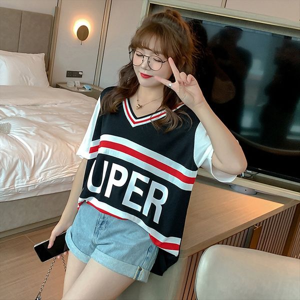 large size women's fat mmv collar short sleeve mosaic letter t- women's contrast shirt color knitted shirt, White
large size women's fat mmv collar short sleeve mosaic letter t- women's contrast shirt color knitted shirt, White