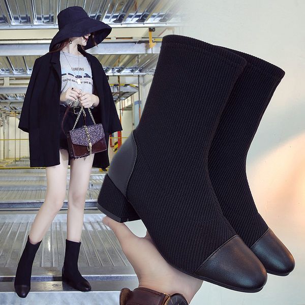 2019 autumn and winter new square head boots women's low-heeled mid-heel short boots sleeve elastic, Black
2019 autumn and winter new square head boots women's low-heeled mid-heel short boots sleeve elastic, Black