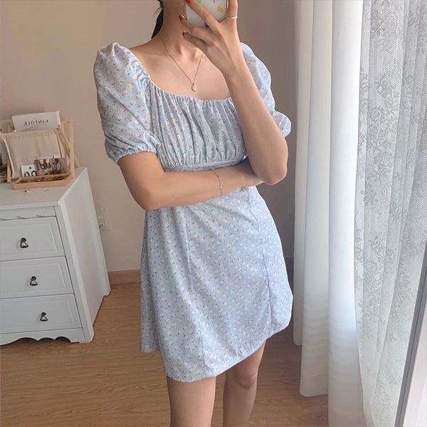 sweet girl floral print one piece dress short square neck puff sleeve petite robe vestido kawaii, Black;gray
