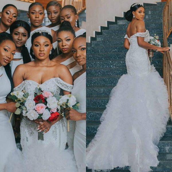 2020 crystal mermaid wedding dresses plus size lace beaded off shoulder bridal gowns with ruffles sweep train robes de mariée, White
2020 crystal mermaid wedding dresses plus size lace beaded off shoulder bridal gowns with ruffles sweep train robes de mariée, White