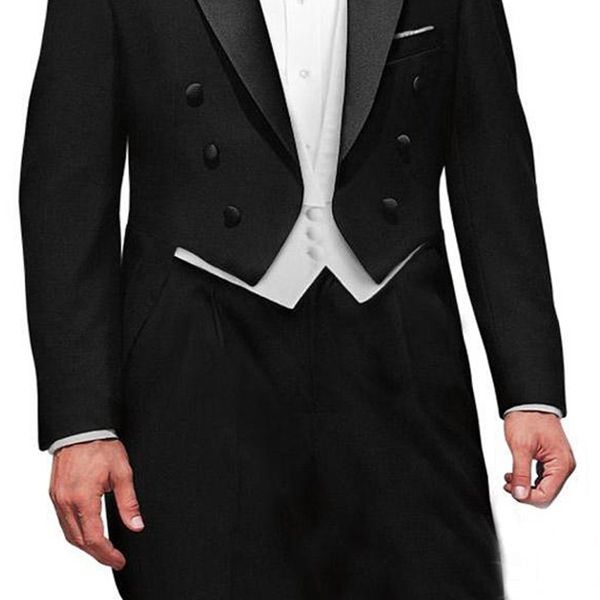 three piece black wedding groom tailcoat 2018 double breasted peaked lapel men suits custom made jacket white vest pants, White;black
three piece black wedding groom tailcoat 2018 double breasted peaked lapel men suits custom made jacket white vest pants, White;black