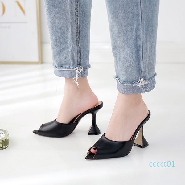 9cm fashion spool high heels mules concise peep toe pumps black pu leather designer shoes size 35 to 41 ct01