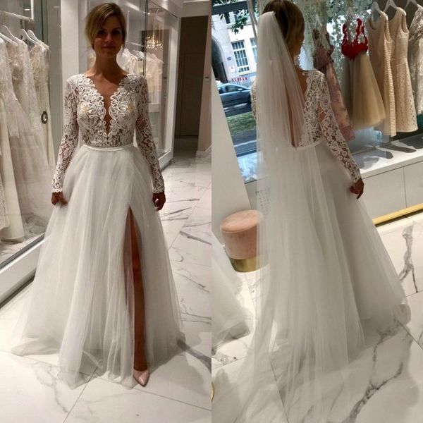 romantic long sleeve backless ruched wedding dresses lace tulle a line bridal wedding gowns with side split, White
romantic long sleeve backless ruched wedding dresses lace tulle a line bridal wedding gowns with side split, White