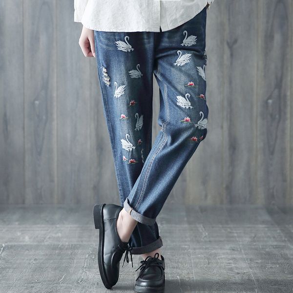 spring autumn female elastic waist denim harem pants woman new vintage embroidered swan jeans hole to do the old jeans trousers, Blue
spring autumn female elastic waist denim harem pants woman new vintage embroidered swan jeans hole to do the old jeans trousers, Blue