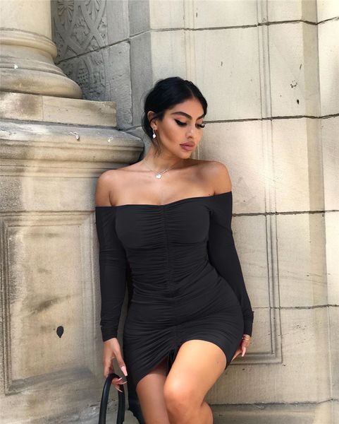 womens solid color bodycon dresses fashion club ladies dress summer pleated designer slash neck clothes, White;black
womens solid color bodycon dresses fashion club ladies dress summer pleated designer slash neck clothes, White;black