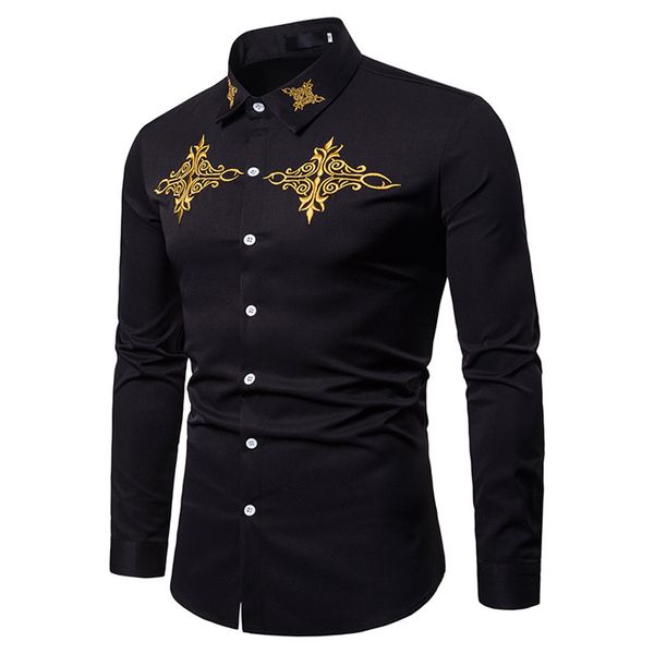 men's autumn winter luxury casual gold embroidery long sleeve shirt blouse turn-down collar print button up shirt #ve17, White;black
men's autumn winter luxury casual gold embroidery long sleeve shirt blouse turn-down collar print button up shirt #ve17, White;black