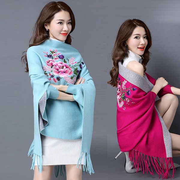 oversize double color double use women winter fashion cashmere embroidery flower embroider poncho scarf with sleeve tassels, Blue;gray
oversize double color double use women winter fashion cashmere embroidery flower embroider poncho scarf with sleeve tassels, Blue;gray