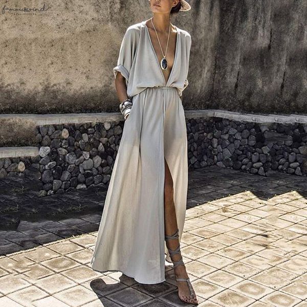 women deep v neck split dress casual half sleeve maxi loose solid sweetwear empire summer elegant ankle length dresses, Black;gray
women deep v neck split dress casual half sleeve maxi loose solid sweetwear empire summer elegant ankle length dresses, Black;gray