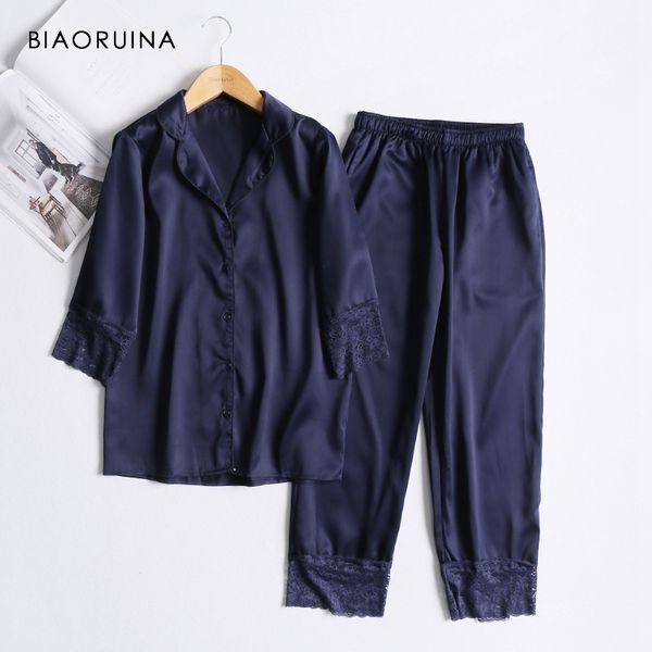 biaoruina women japan style lace patchwork satin chic pajama sets loose + straight casual pant ankle length underwear sets, Blue;gray
biaoruina women japan style lace patchwork satin chic pajama sets loose + straight casual pant ankle length underwear sets, Blue;gray