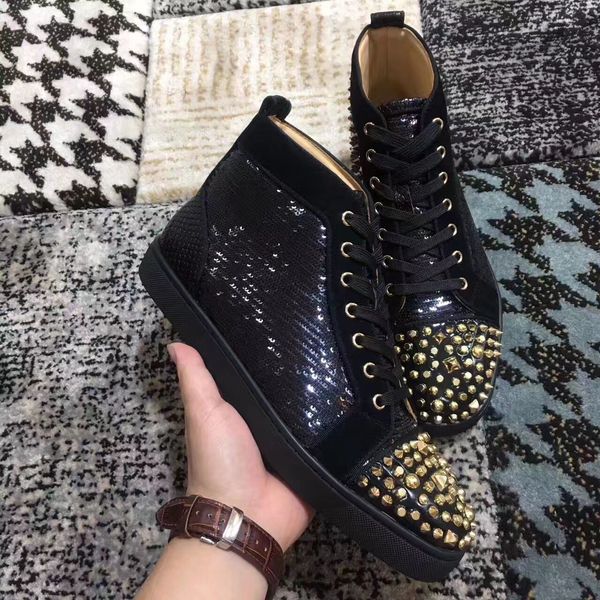 gold studs spikes + sequin high red bottom women,men sneakers shoes outdoor red sole casual walking lace-up trainers dress wedding, Black
gold studs spikes + sequin high red bottom women,men sneakers shoes outdoor red sole casual walking lace-up trainers dress wedding, Black