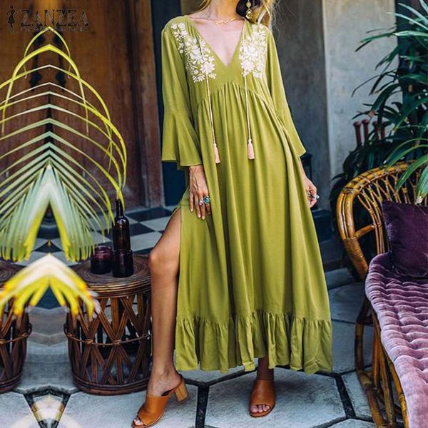 zanzea women flare sleeve bohemian floral printed dress summer v neck beach ruffles sundress female split hem long vestido robe, Black;gray
zanzea women flare sleeve bohemian floral printed dress summer v neck beach ruffles sundress female split hem long vestido robe, Black;gray