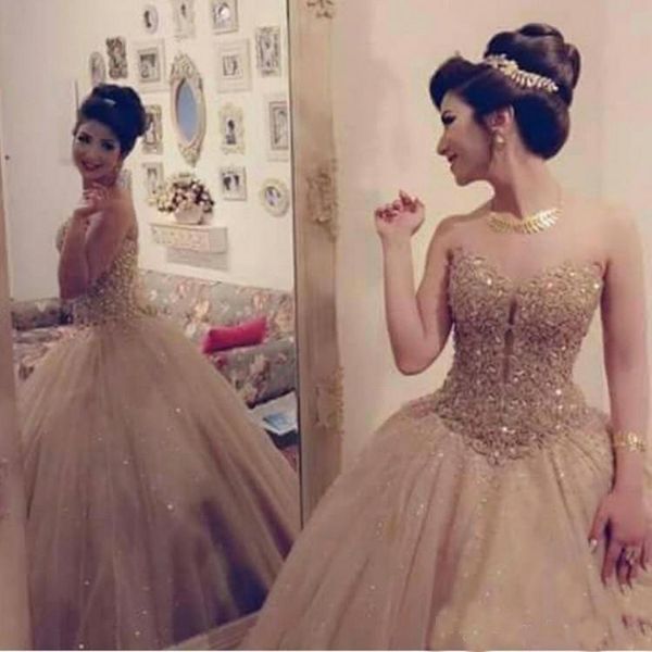 Luxury Gold Masquerade Ball Gowns Quinceanera Dress With Lace Sequin Bodice Sweetheart Neckline Tulle Princess Sweet 16 Dress Prom Gown