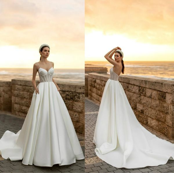 a line wedding gown spaghetti strap sleeveless satin sequins wedding dress sweep train custom made sell robes de mariée, White
a line wedding gown spaghetti strap sleeveless satin sequins wedding dress sweep train custom made sell robes de mariée, White