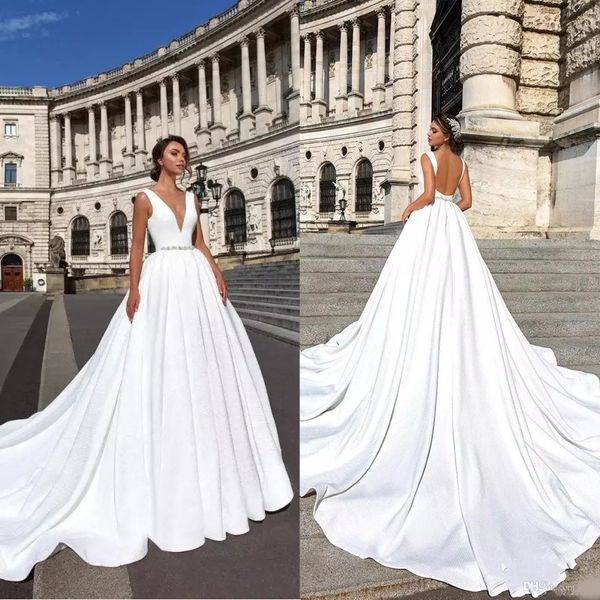 elegant backless country wedding dresses deep v-neck sleeveless with crystal sash custom made wedding dress, White
elegant backless country wedding dresses deep v-neck sleeveless with crystal sash custom made wedding dress, White