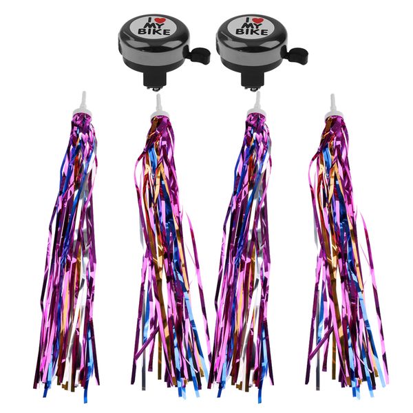 bike bicycle bell black kids alarm w/ colorful bike streamers ornaments 
bike bicycle bell black kids alarm w/ colorful bike streamers ornaments