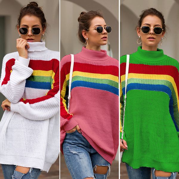 loose sweater casual sweater rainbow color stripe long-sleeved high-necked knit sweater, White;black
loose sweater casual sweater rainbow color stripe long-sleeved high-necked knit sweater, White;black