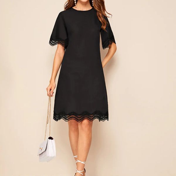 casual round neck short-sleeved petal sleeve dress elegant lace black dress, Black;gray