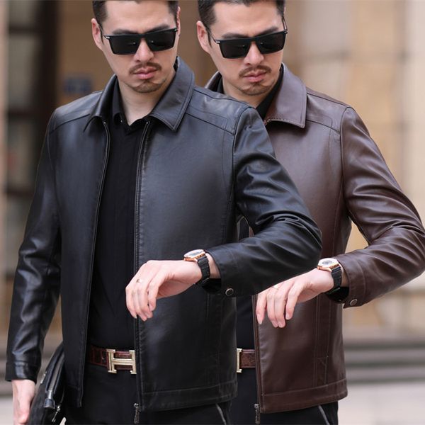 and autumn new sheepskin short thin leather clothing middle aged men's lapel casual coat leather jacket men's clothing, Black
and autumn new sheepskin short thin leather clothing middle aged men's lapel casual coat leather jacket men's clothing, Black