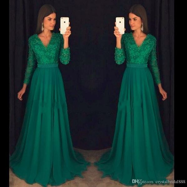 emerald green a line evening dresses v neck long sleeves lace appliques chiffon beaded pearls sweep train formal evening dress party gowns, Black;red
emerald green a line evening dresses v neck long sleeves lace appliques chiffon beaded pearls sweep train formal evening dress party gowns, Black;red