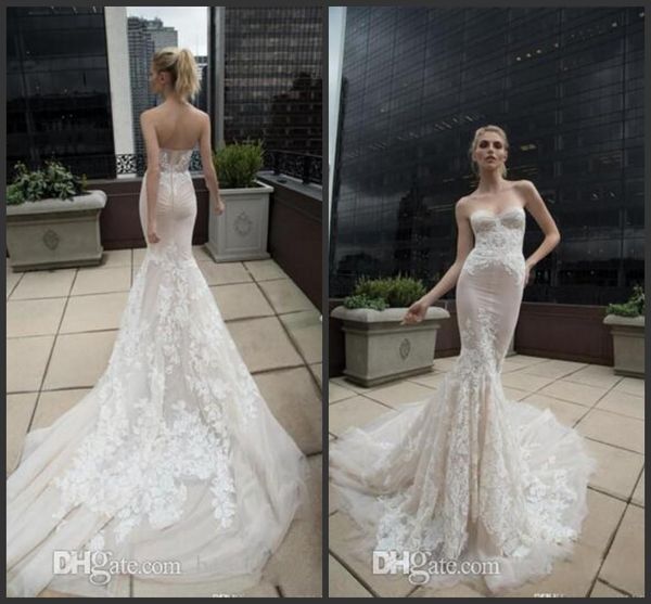 2019 new beach lace mermaid wedding dresses sweetheart berta inbal dror backless bridal gowns applique long train trumpet wedding gowns 1288, White
2019 new beach lace mermaid wedding dresses sweetheart berta inbal dror backless bridal gowns applique long train trumpet wedding gowns 1288, White