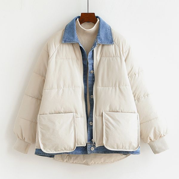 women's down & parkas 2021 winter jacket women short cotton padded coat fashion denim spliced zipper loose thick warm female casual out, Black
women's down & parkas 2021 winter jacket women short cotton padded coat fashion denim spliced zipper loose thick warm female casual out, Black