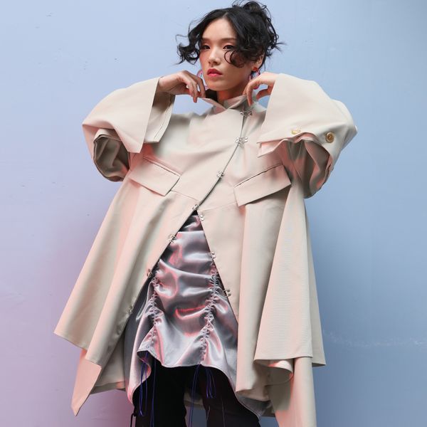 ihobby women sping asymmetric trench coat original designer's curved door button back embellished empty open fork sleeve coat, Tan;black