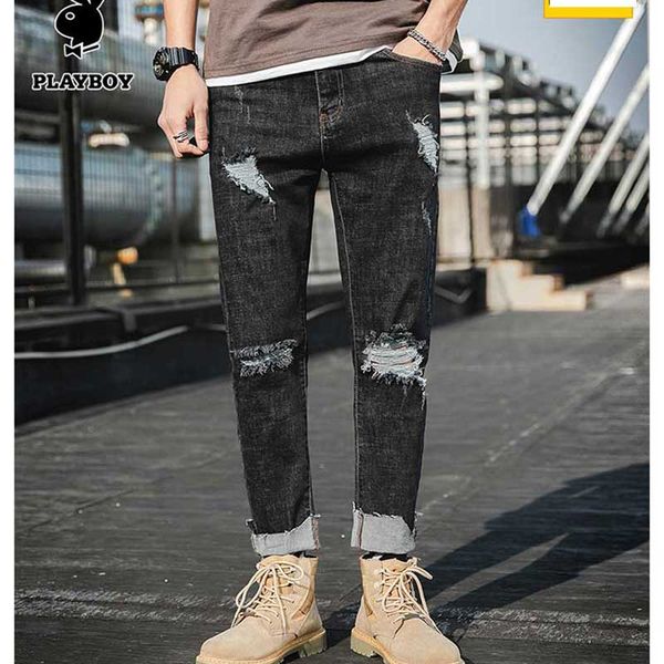 men's jeans 2019 summer thin section light color tide brand hole nine points jeans trousers straight casual pants cotton, Blue
men's jeans 2019 summer thin section light color tide brand hole nine points jeans trousers straight casual pants cotton, Blue