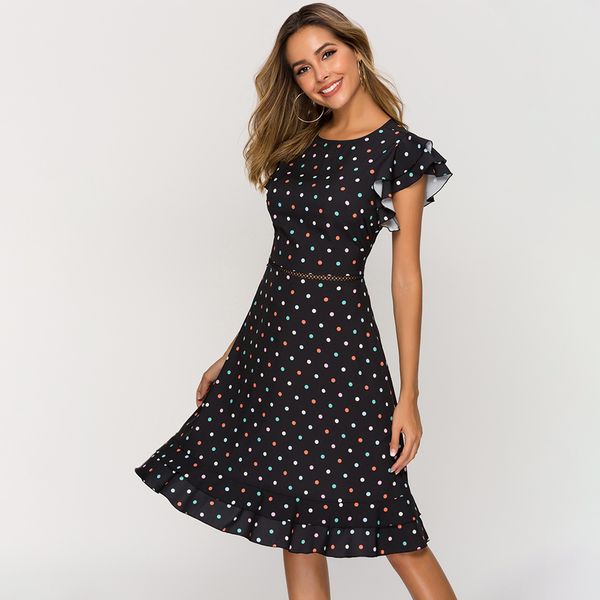 women's flounder dress small dot party dress medium dress, Black;gray