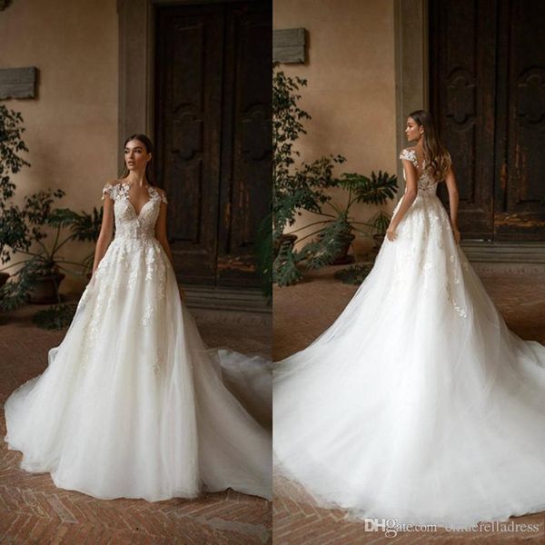 2020 elegant milla nova boho wedding dresses a line lace appliqued sheer bohemian bridal gowns sweep train custom made vestidos de novia, White
2020 elegant milla nova boho wedding dresses a line lace appliqued sheer bohemian bridal gowns sweep train custom made vestidos de novia, White