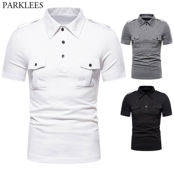 double pocket epaulet shirt men summer short sleeve slim fit homme fashion turn down collar polos para hombre, White;black
double pocket epaulet shirt men summer short sleeve slim fit homme fashion turn down collar polos para hombre, White;black