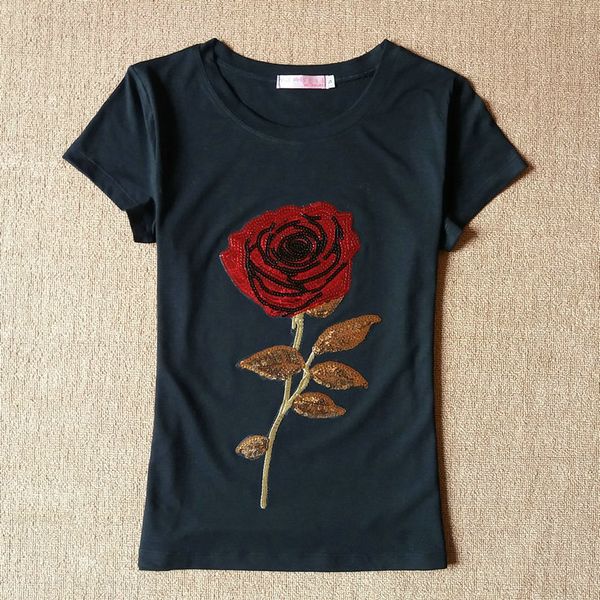 new summer women sequin t shirt fashion cotton female rose flower t-shirt sequined cotton tshirts women, White
new summer women sequin t shirt fashion cotton female rose flower t-shirt sequined cotton tshirts women, White