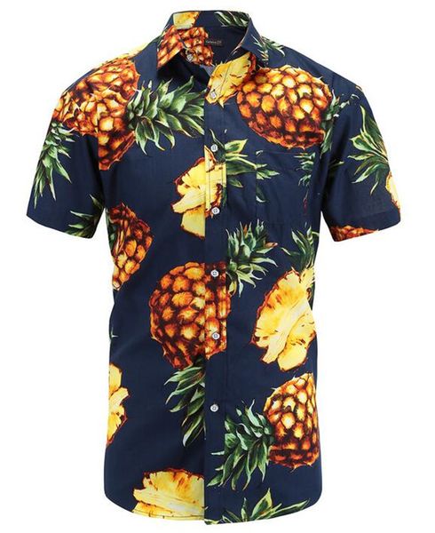 navy pinapple summer slim shirt beach hawaiian men dress shirt short sleeve print men's casual us size, White;black