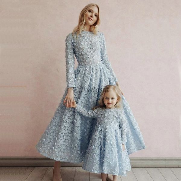 light blue lace evening dresses long sleeve 3d flowers a line length elegant mother and daughter dress formal party gowns, White;black
light blue lace evening dresses long sleeve 3d flowers a line length elegant mother and daughter dress formal party gowns, White;black