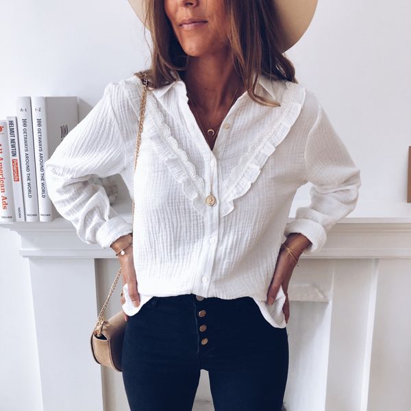 elegant women shirts patchwork design lace button decor turn-down collar long sleeve solid lady autumn streetwear slim shirt, White
elegant women shirts patchwork design lace button decor turn-down collar long sleeve solid lady autumn streetwear slim shirt, White