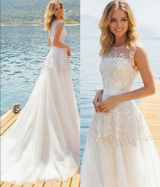 sheer lace beach wedding dresses sheer bateau neck bohemian sweep train tulle custom made a line bridal gowns with covered buttons, White
sheer lace beach wedding dresses sheer bateau neck bohemian sweep train tulle custom made a line bridal gowns with covered buttons, White