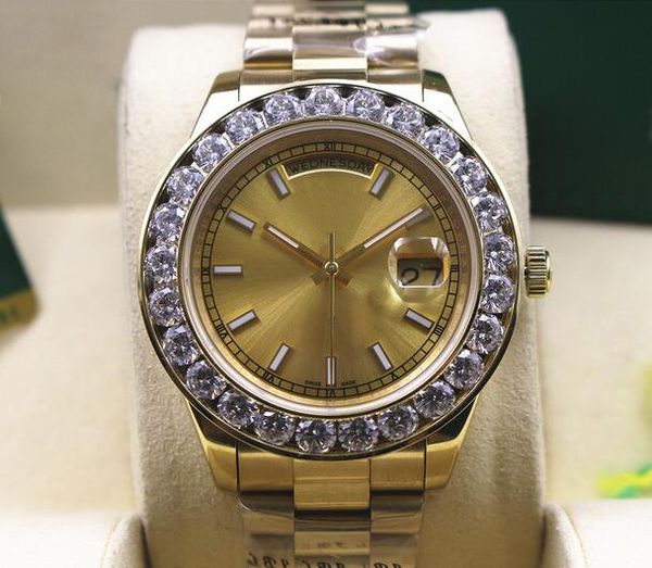 wristwatches day-date 2 ii 41mm sapphire 18k yellow gold golden dial bigger diamond automatic mechanical mens watch watches, Slivery;brown
wristwatches day-date 2 ii 41mm sapphire 18k yellow gold golden dial bigger diamond automatic mechanical mens watch watches, Slivery;brown
