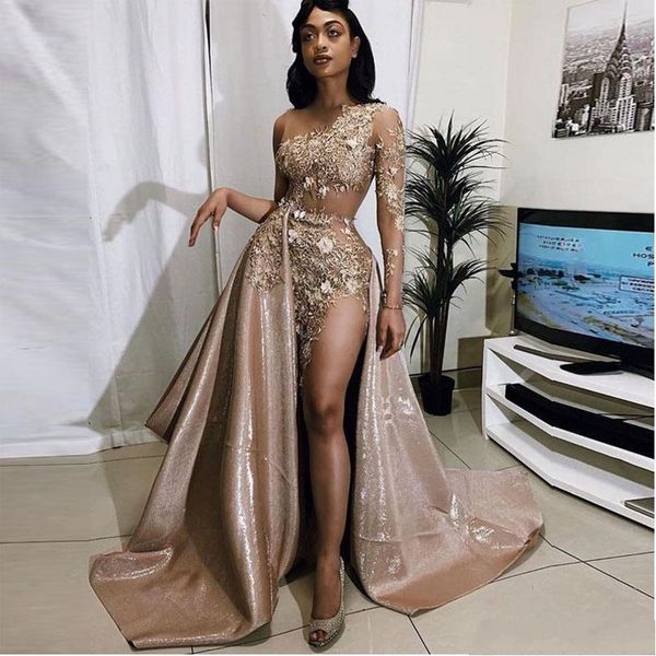 see through prom dresses with detachable train one shoulder long sleeve appliques 3d flower illusion evening dress robe de soiree, Black
see through prom dresses with detachable train one shoulder long sleeve appliques 3d flower illusion evening dress robe de soiree, Black