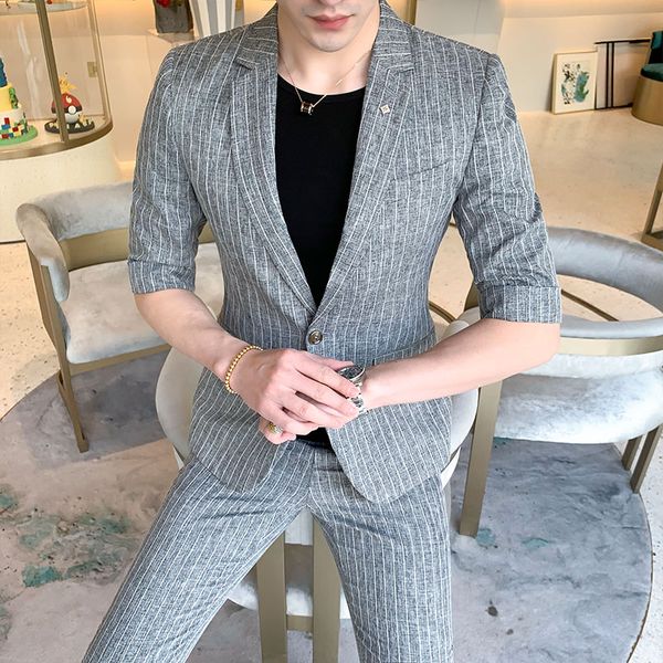 men's suits & blazers 2021 2pcs grey men striped half sleeve peaked lapel custom made wedding summer slim fit male (jacket + pants), White;black
men's suits & blazers 2021 2pcs grey men striped half sleeve peaked lapel custom made wedding summer slim fit male (jacket + pants), White;black