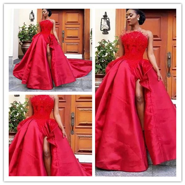 red feather prom dresses strapless appliques side split satin celebrity evening dresses formal wear gorgeous party gowns robe de soiree, Black;red
red feather prom dresses strapless appliques side split satin celebrity evening dresses formal wear gorgeous party gowns robe de soiree, Black;red