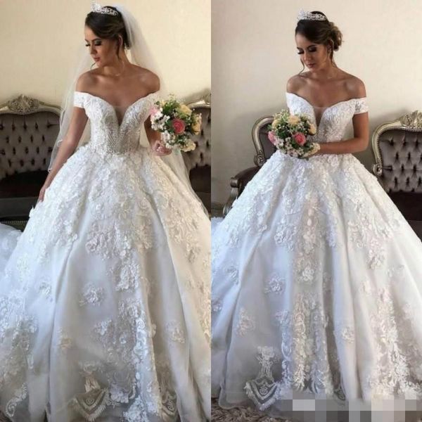 luxury 3d floral applique wedding dresses off the shoulder lace beaded sweep train custom made chapel wedding ball gown vestido de novia, White
luxury 3d floral applique wedding dresses off the shoulder lace beaded sweep train custom made chapel wedding ball gown vestido de novia, White