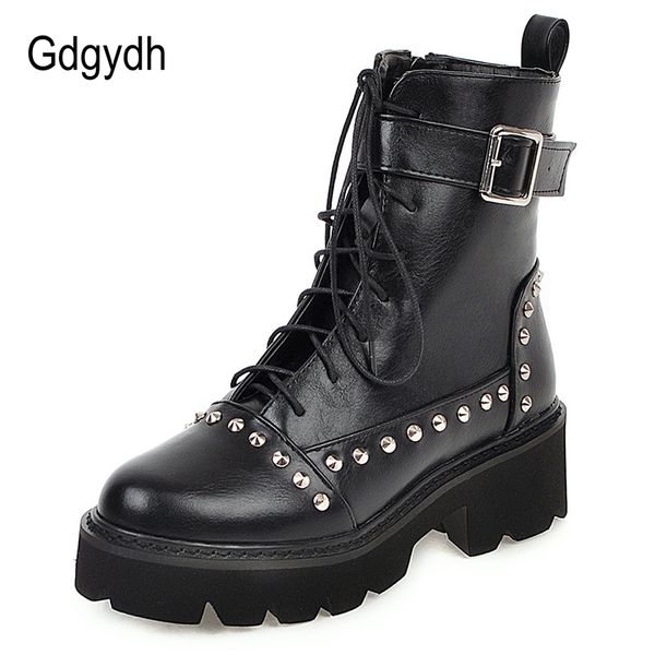 gdgydh rivet military women lace up black leather ankle mid heel goth style short boots for autumn mx200324
gdgydh rivet military women lace up black leather ankle mid heel goth style short boots for autumn mx200324