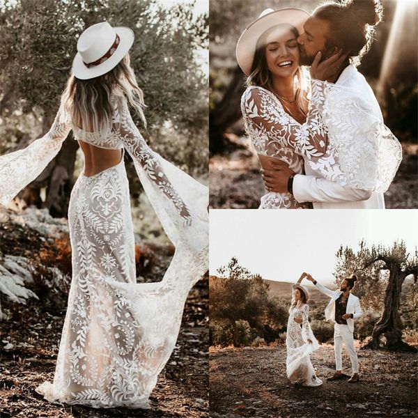 2020 hollow back boho wedding dresses square neck long sleeves full appliqued lace elegant bridal gown beach sweep train robes de mariée, White
2020 hollow back boho wedding dresses square neck long sleeves full appliqued lace elegant bridal gown beach sweep train robes de mariée, White