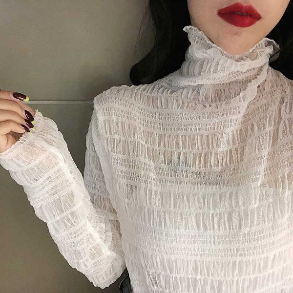 women's blouses & shirts women elasticity soft pleated mesh turtleneck tee girls full sleeve basic thin for female 2021, White
women's blouses & shirts women elasticity soft pleated mesh turtleneck tee girls full sleeve basic thin for female 2021, White