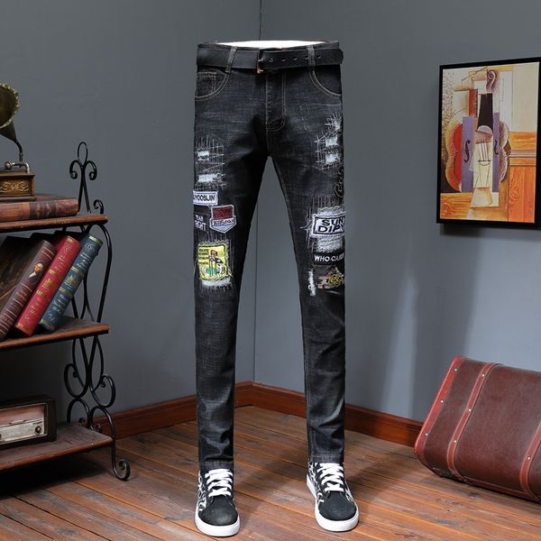 fashion embroidery patch jeans men streetwear black jean slim fit pencil pants, Blue
fashion embroidery patch jeans men streetwear black jean slim fit pencil pants, Blue