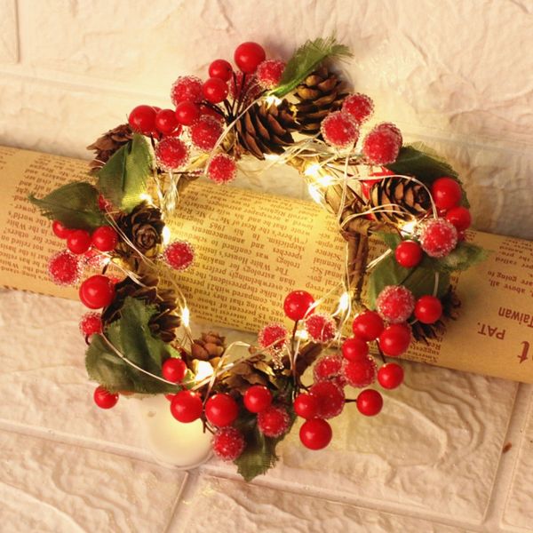 

christmas wreath with led string light artificial berries and pine cone garland for front door window wall hanging party decor