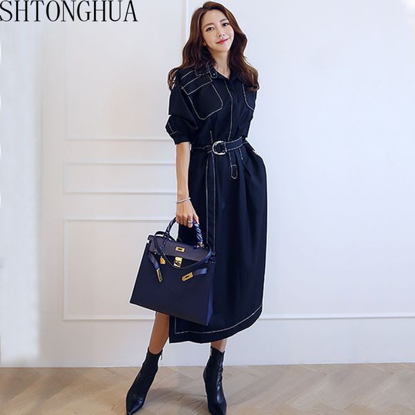shtonghua korean trench women dress runway 2020 summer long dress chic turn down collar slim split vestidos, Black;gray
shtonghua korean trench women dress runway 2020 summer long dress chic turn down collar slim split vestidos, Black;gray
