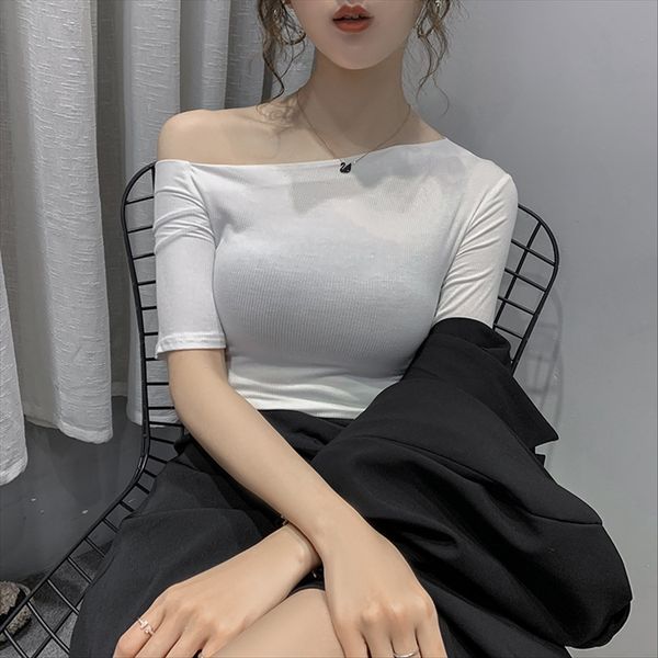 clavicle scheming base shirt 2020 half-sleeve one-word oblique shoulder-exposed short-sleeved t-shirt female, White
clavicle scheming base shirt 2020 half-sleeve one-word oblique shoulder-exposed short-sleeved t-shirt female, White
