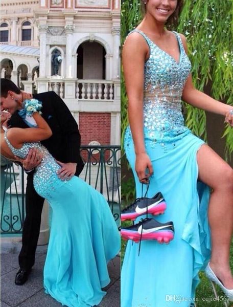 split prom dresses 2019 new sky blue mermaid v neck sheer bodice beaded blingbling sweep train pageant gowns couples fashion aw350, Black
split prom dresses 2019 new sky blue mermaid v neck sheer bodice beaded blingbling sweep train pageant gowns couples fashion aw350, Black
